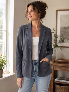 Caslon Women’s Medium Charcoal Gray Knit Blazer Peplum Ruched Shoulder Preppy